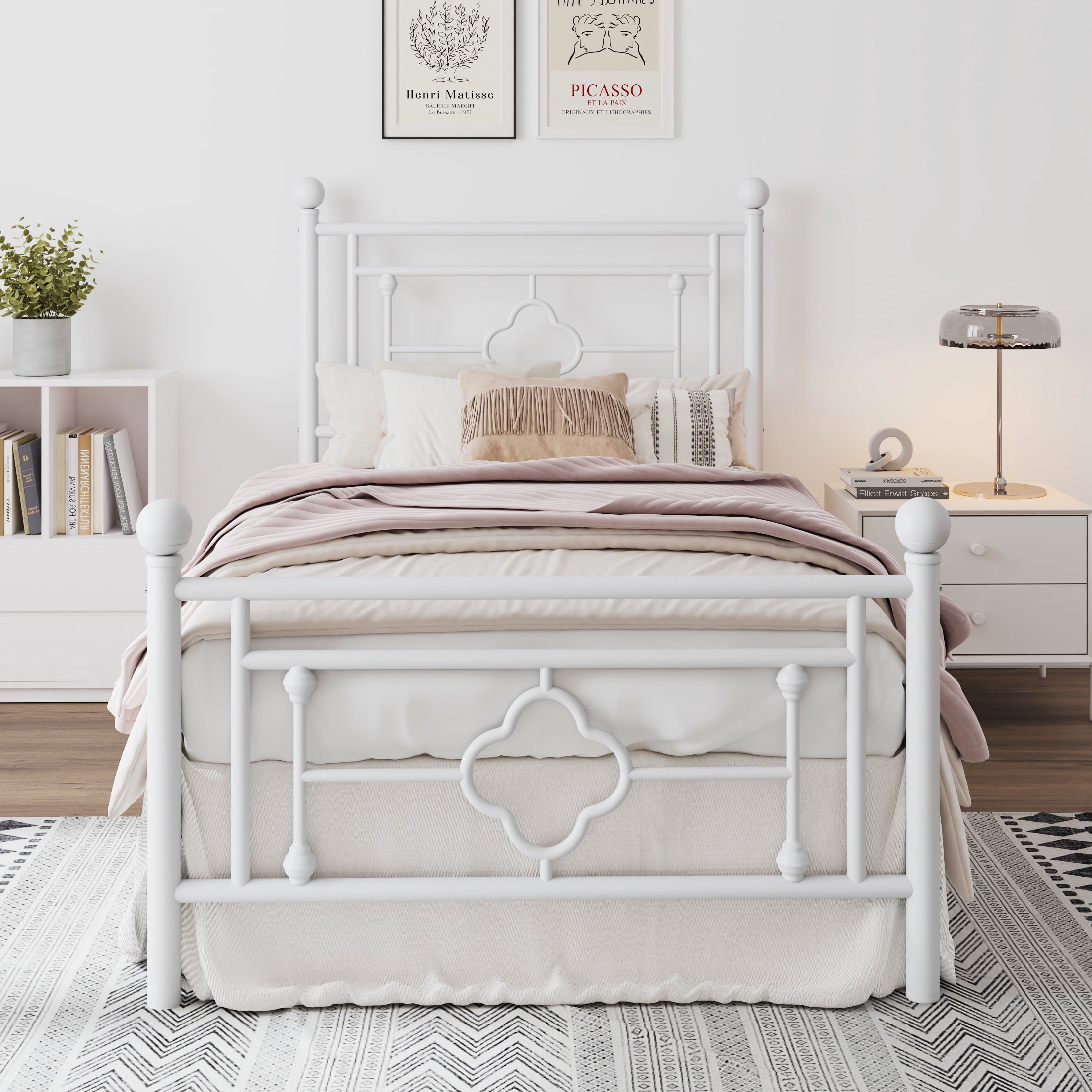 Amolife Twin Size Metal Platform Bed Frame with Vintage Cross Pattern Headboard&Footboard, White