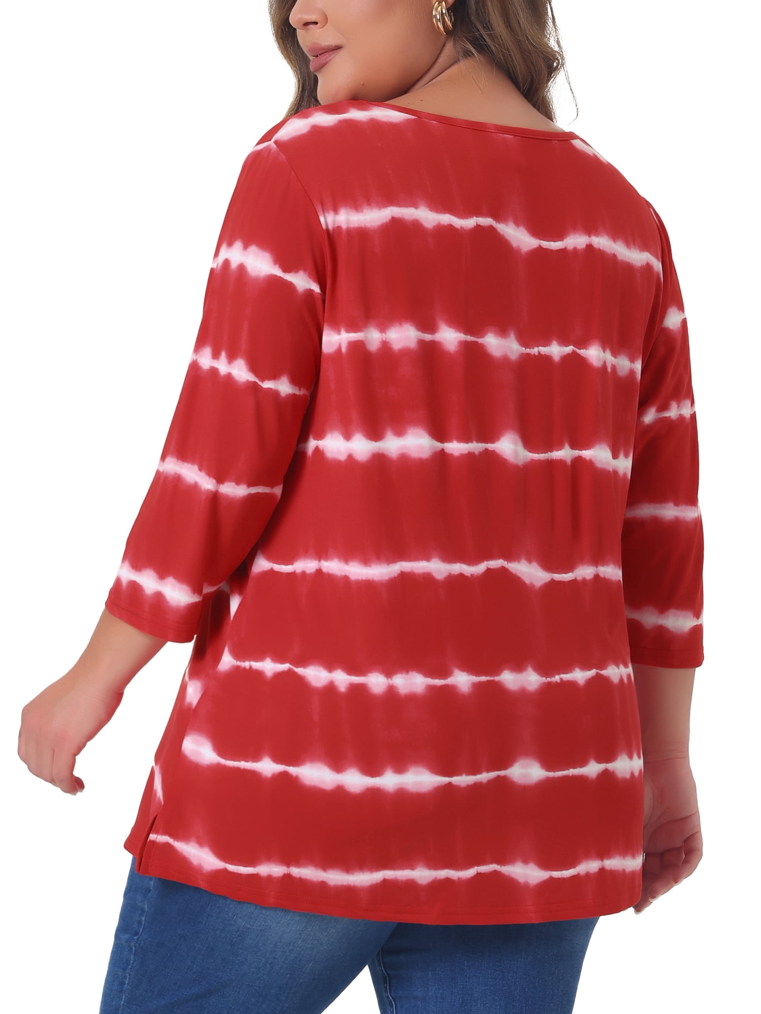 DARING DIVA Women's Plus Size V Neck 3/4 Sleeve Striped Tie Dye Blouse 1X Red