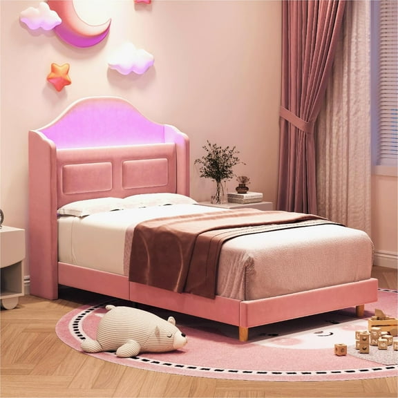 Upholstered Twin Bed Frame with LED Lights, Wingback Storage Headboard, Velvet, Wood Slats, Pink, No Box Spring