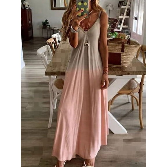 Women Summer Boho Beach V Neck Print Sleeveless Long Dress
