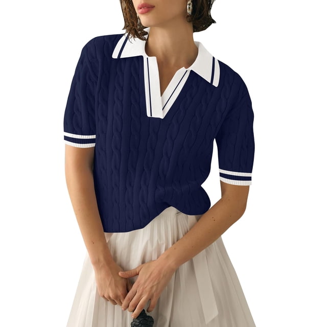 Camisa Micoson de manga corta con solapa y cuello en V para mujer, azul marino y blanco