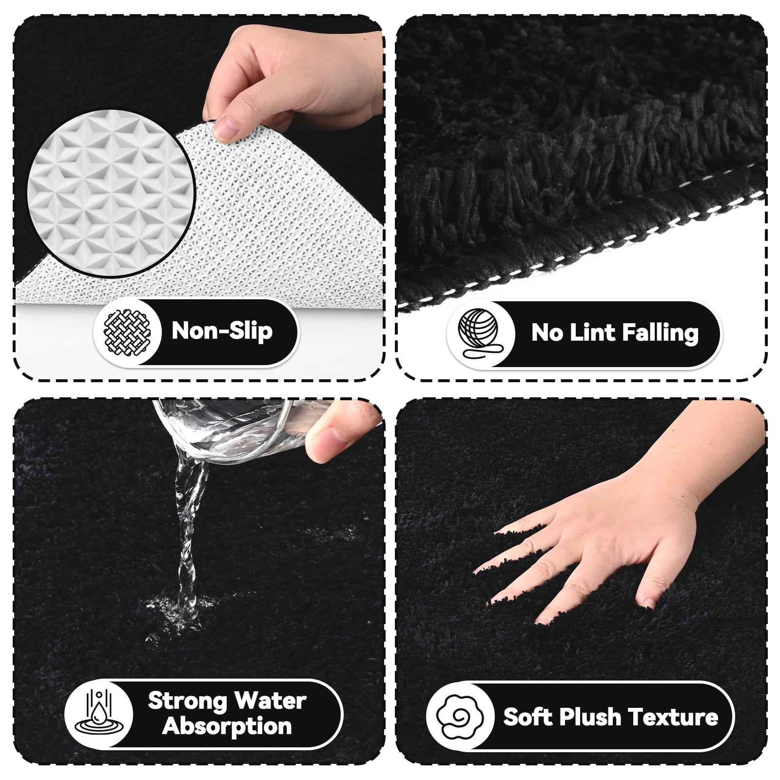 FRAMICS Heavy-Duty Waffle Weave Shower Curtain Sets with Rug, 14-Piece Striped Fabric Bathroom Sets with Hooks, Hotel Grade, Waterproof & Washable, Black, 71.3" x 71.3"