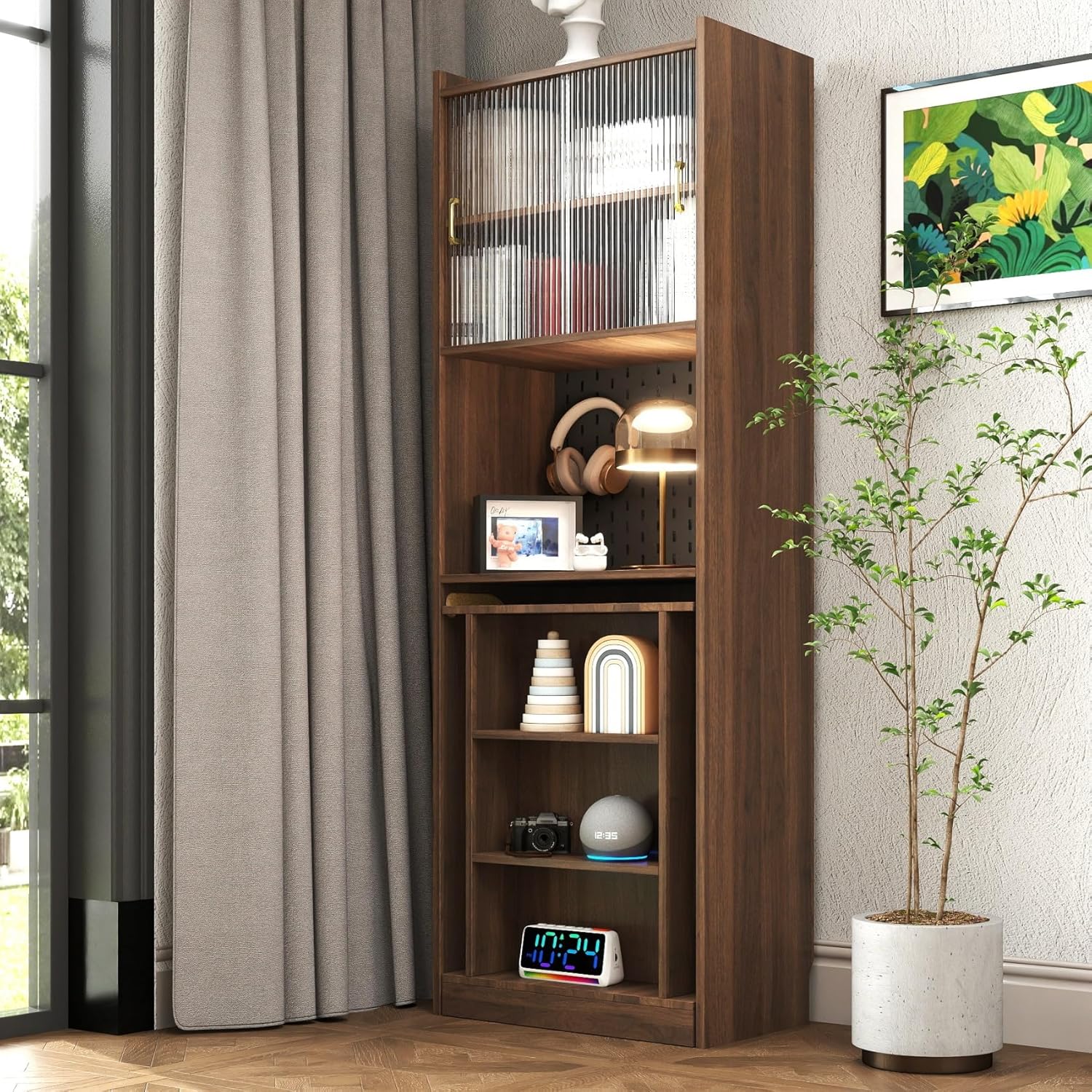 I Folding Home Office Desks with Pegboard, Glass Doors, Bookshelf & Storage Shelves, Modern Wooden Computer Table Workstation for Work, Study, Writin