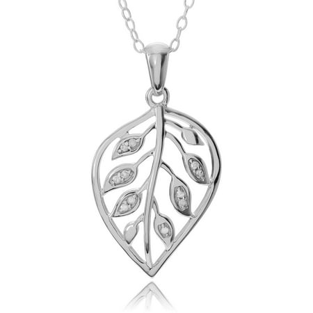 Brinley Co. Women's 1/10 Carat T.W. Round Cut Diamond Sterling Silver Leaf Pendant Fashion Necklace