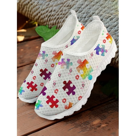 

White World Autism Day Colorful Puzzle Print Comfortable Summer Ladies Loafers Cartoon Love Print Slip On Shoes Flat