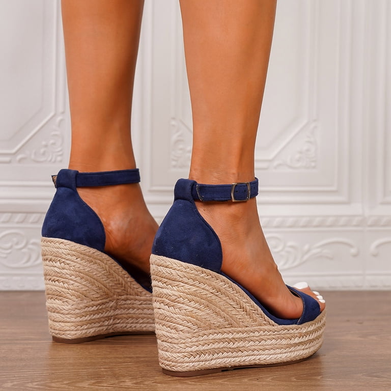blue wedge dress shoes Hewuqi Women's Platform Wedge Heels Open Toe Thick Soled Slip on Sandals Suede Elegant Summer Comfortable Non Slip Ankle Strap Heeled Dress Shoes Blue