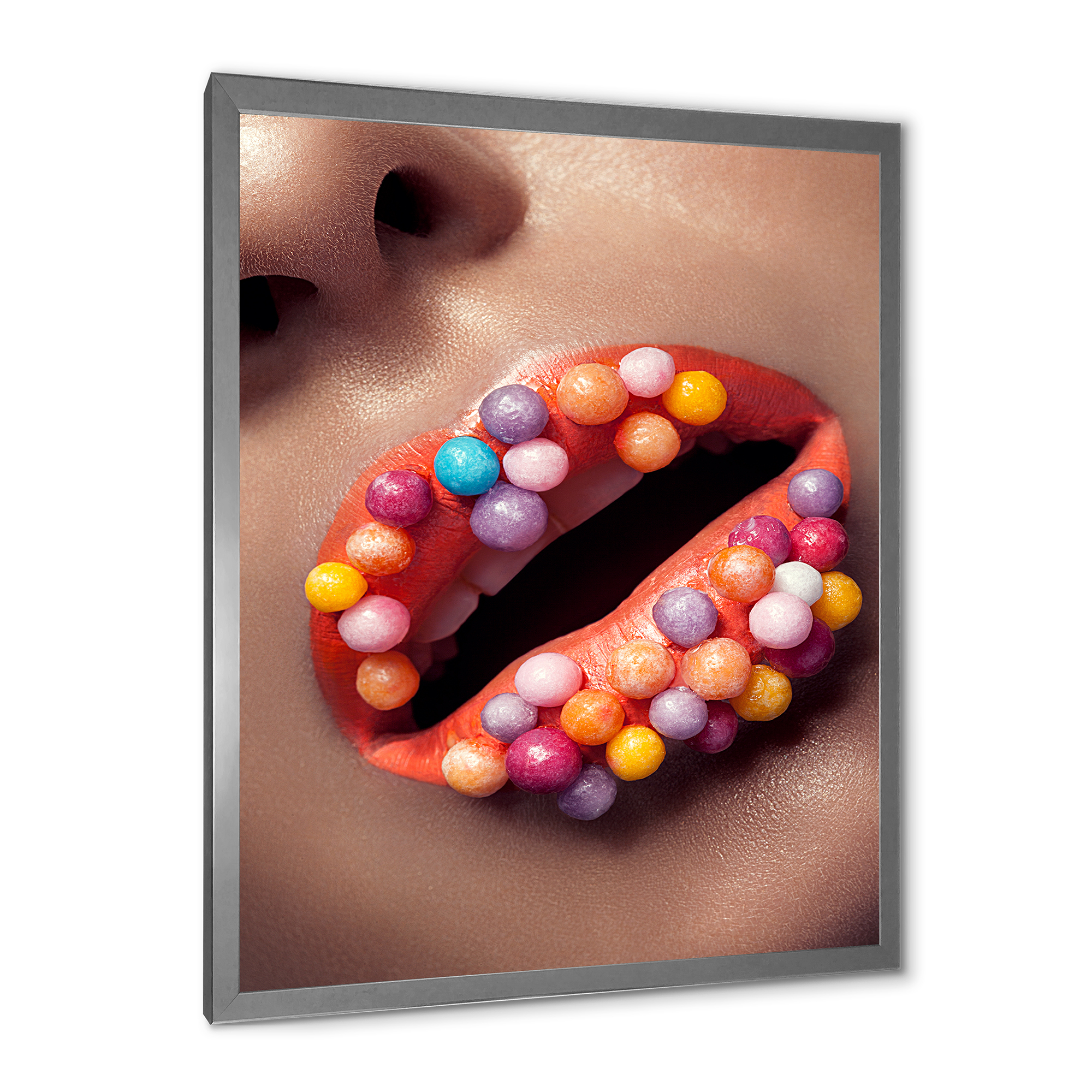 Designart 'Close Up of Creative Make Up On Woman Lips With Lolipops' Modern Framed Art Print