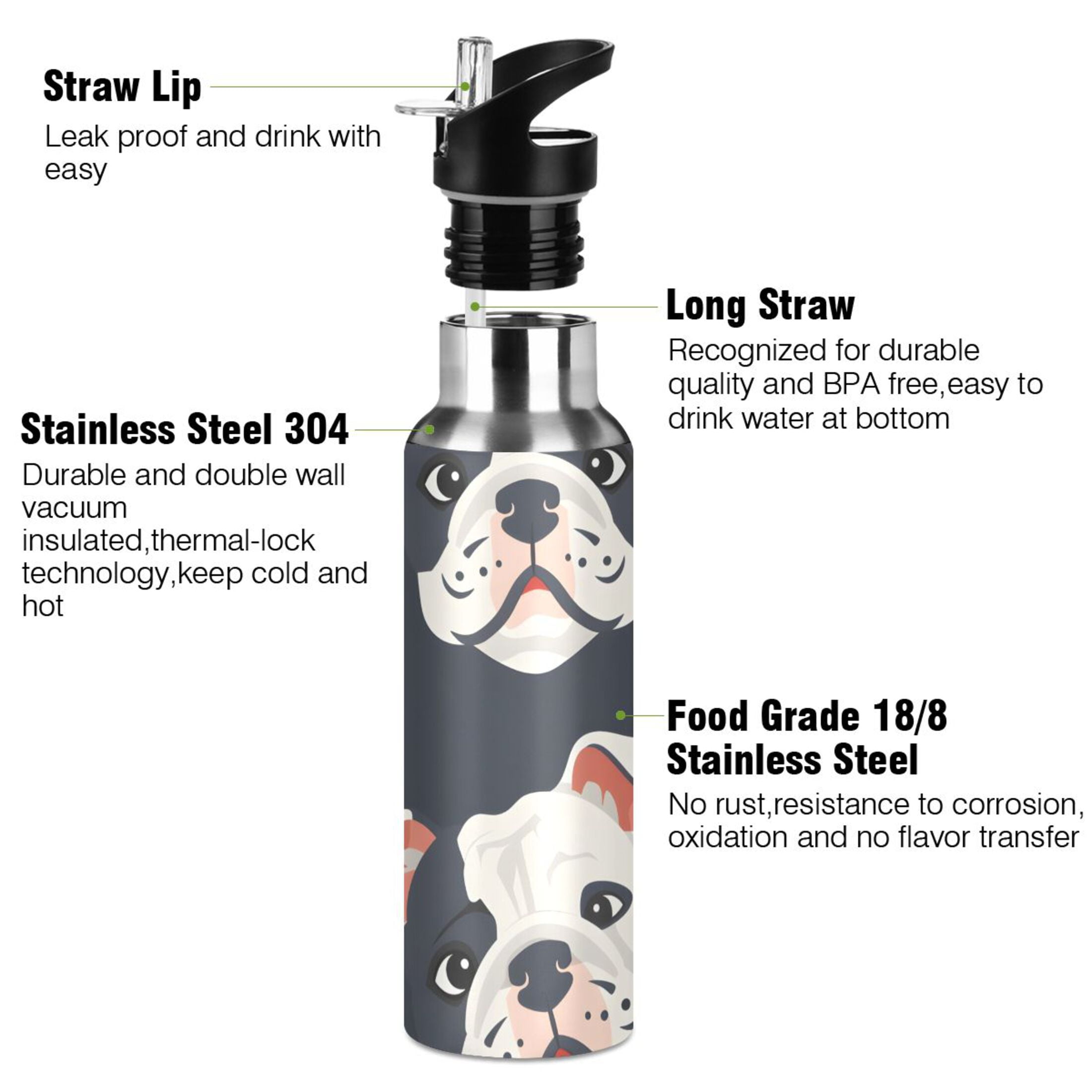OREZI Stainless Steel Water Bottle Cute Bulldog Dog Face 34oz/1000ml Double Wall Vacuum Insulation Leakproof for Sports Travel