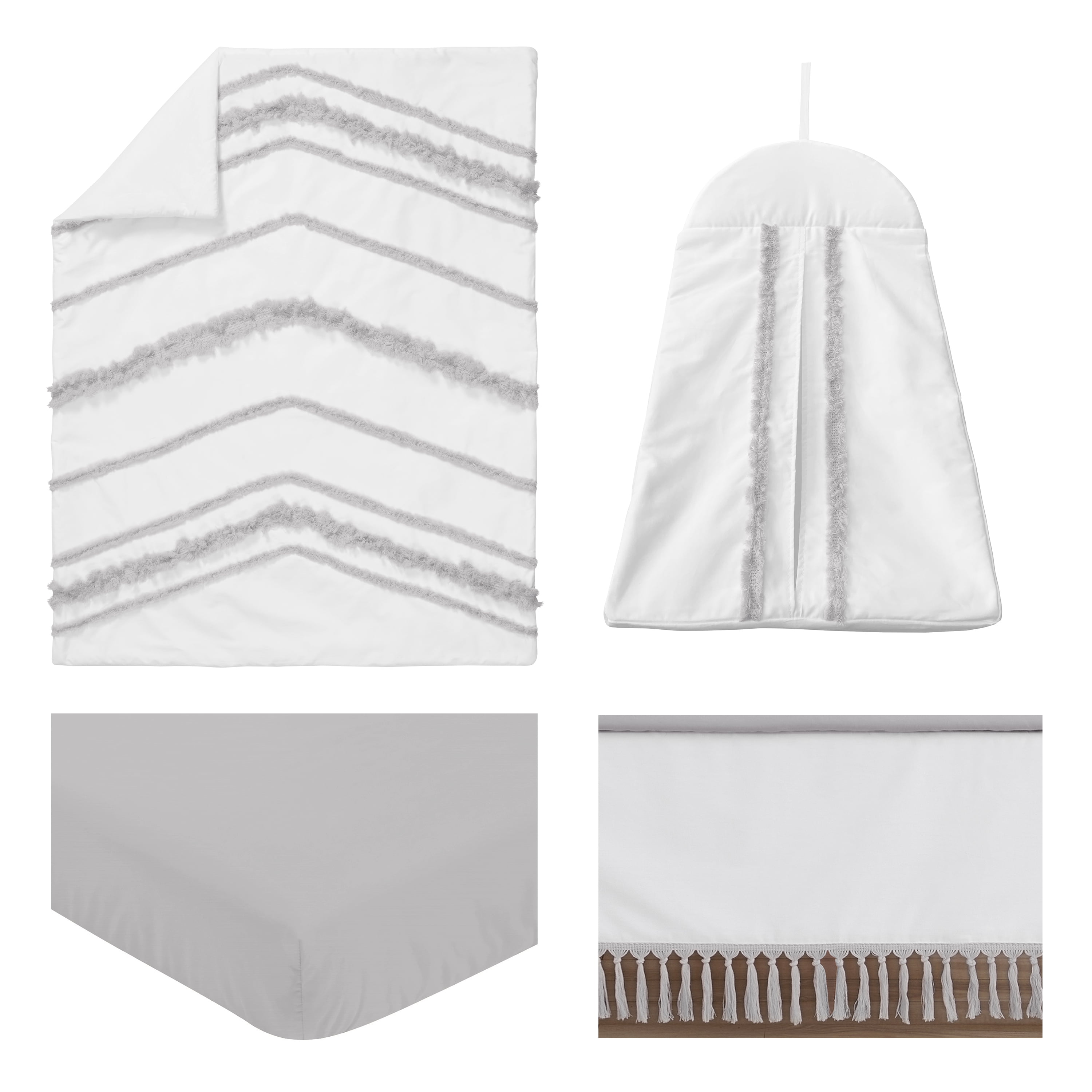 Sweet Jojo Designs Boho Fringe White Grey 4 Piece Crib Bedding Set