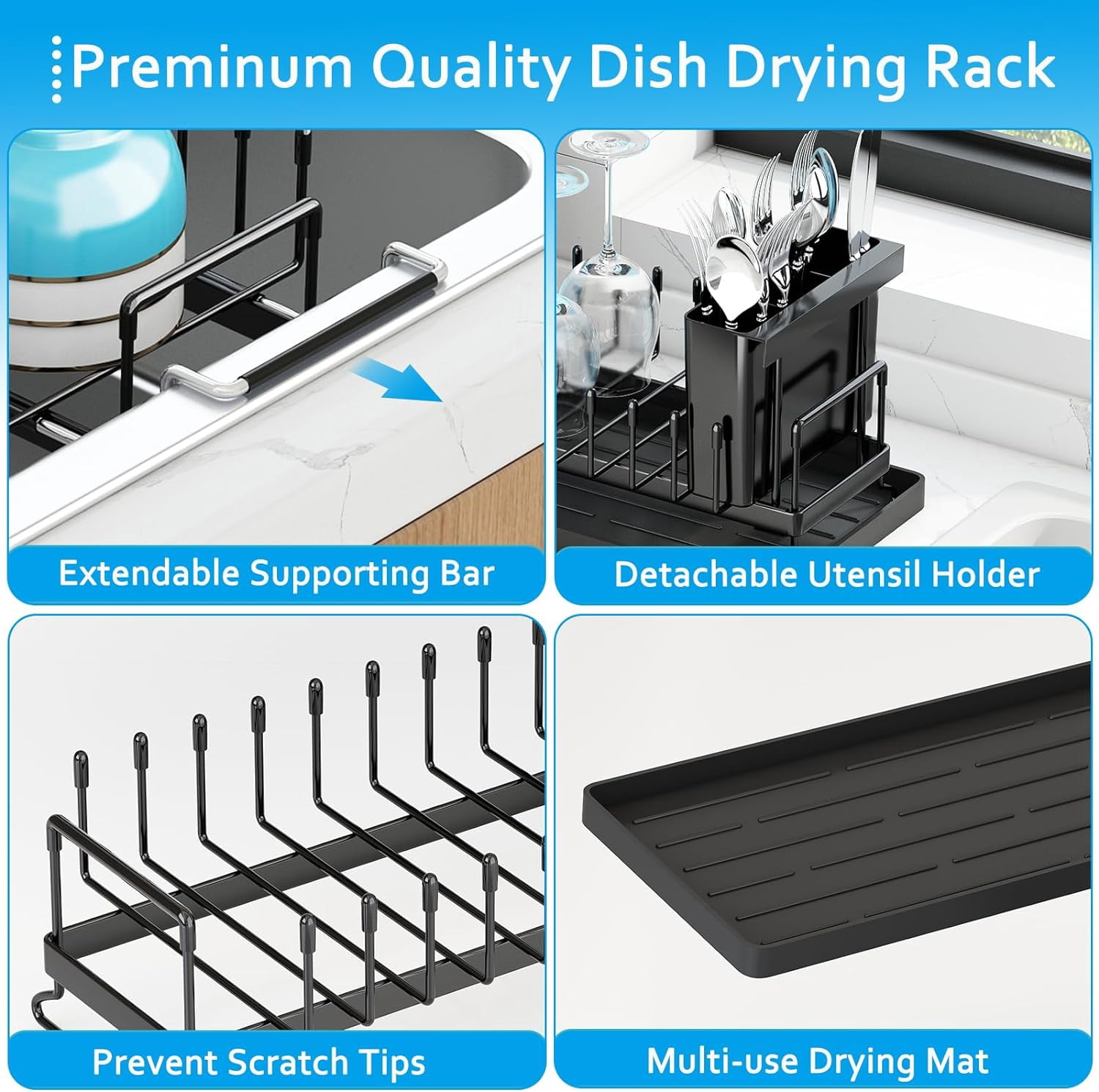 HBlife Expandable Sink Dish Drying Rack, Small Dish Rack Over Sink with Silicone Drying Tray, Sink Dish Drainer for Kitchen Counter with Cutlery Holder
