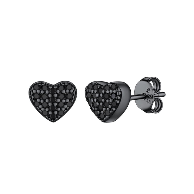 PROSTEEL Pendientes de botón de corazón para mujer, circonita cúbica negra brillante, pendientes de botón de corazón de plata de ley 925 para niñas, impresionante regalo de San Valentín de cumpleaños