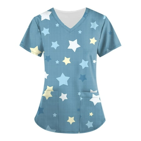 

Sksloeg Print Nursing Uniforms For Women Cartoon Printed V-Neck Star Patterned Workwear With Pockets Shirts Nursing Working Uniform Blue XL