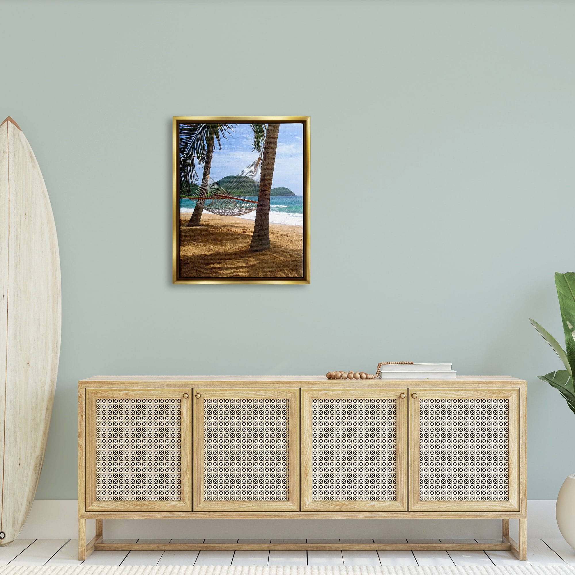 Stupell Industries Tropical Summer Vacation Hammock Between Palm Trees Photograph Metallic Gold Floating Framed Canvas Print Wall Art, Design by Noah Bay