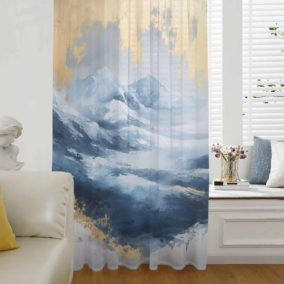 Blue Yellow Semi Sheer Curtains Drapes for Living Room, Bedroom, French Doors Window 84 Inches Long, Modern Abstract Oil Painting Ombre Rod Pocket Chiffon Curtain Drapery Voile Draperies Panel