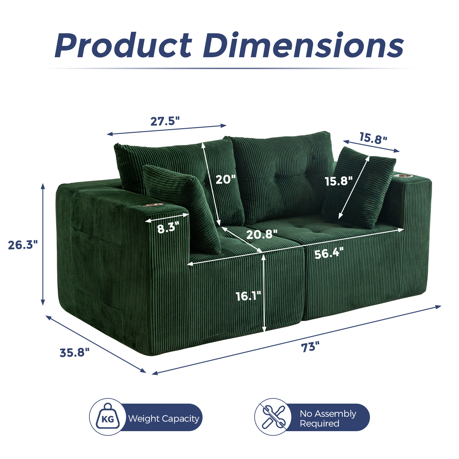 BYBYME 73"Oversized Loveseat Couch,2 Seat Sectional Corduroy Tufted Sofa,Upholstered Symmetrical Cloud Couch with Double Chaise,Wrap Around Sofa for Living Room Apartment Office,Sofa in A Box,Green