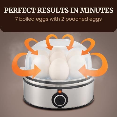 EGC855SS Easy Egg Cooker, 7-Egg Capacity, Soft, Medium, Hard-Boiled, Omelets, Poached Eggs, Plays Melody when Done, Auto Shut-Off, Measuring Cup, Stainless Steel