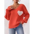 thumbnail image 6 of Sweaters for Female Lantern Sleeve Heart Print Pullover Embroidered Lace Patchwork Knit Pullover Orange S, 6 of 9