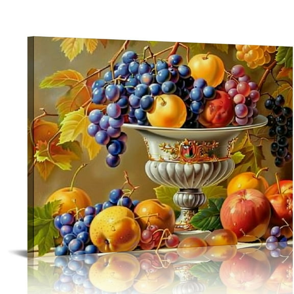 Shiartex Kitchen Fruit Canvas Wall Art Vintage Still Life Painting Fruits and Grape Print Picture Rustic Farmhouse Colorful Framed Food Art for Dining Room Home Decor 20x16in