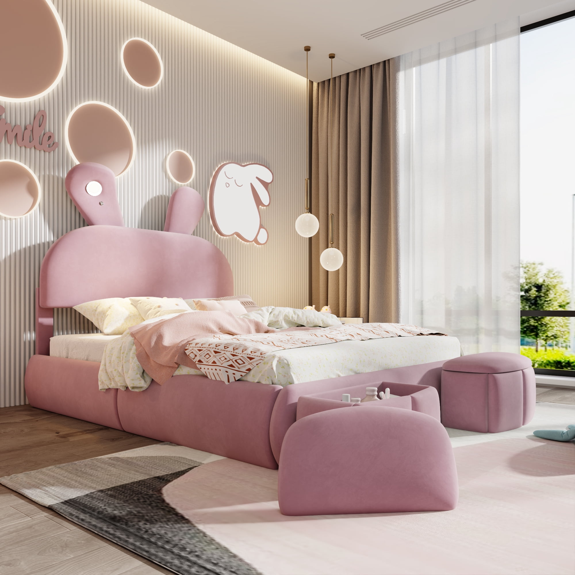 Mintazer Full Size Upholstered Bed with Bunny Ears Shaped Headboard, Platform Bed with LED Light & Storage Stools for Kids Adult Girl Bedroom Apartment, Pink