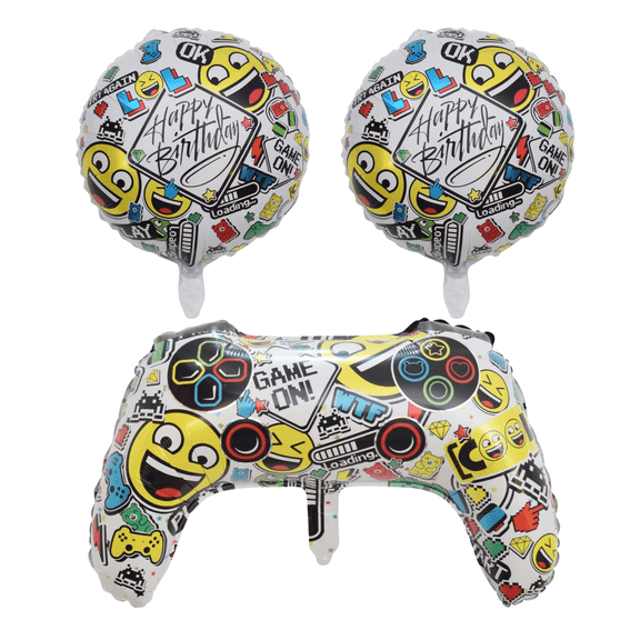White Gamer-Themed Birthday Balloon Set with Controller and Emoji Balloons for Kids Party