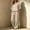 Beige, variant on Women Solid V-Neck 3/4 Sleeve High-Low Faux Linen Top Drawstring Waist Wide Leg Pants 2 Piece Loungewear Set