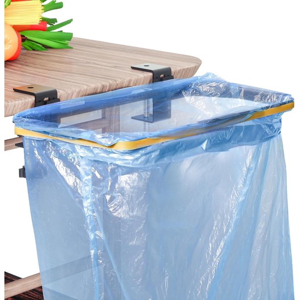 Soporte para bolsas de basura de metal (sin bolsas de basura, 30 x 15 cm), soporte para bolsas amarillo estable con bandas elásticas, contenedor para bolsas de basura para cocina, armario, C