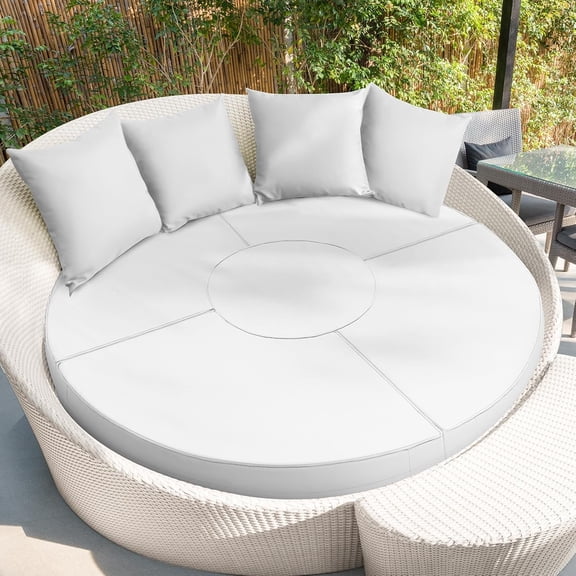 66" Outdoor Daybed Cushion Cover Round Replacement with 4 Pcs Pillow Covers Waterproof Fade Resistant Sun Bed Outdoor Cushion Cover Patio(White)