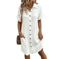 thumbnail image 2 of ZenCart Women's Cotton Linen Dress Casual Button Down V-neck Dress with Pockets Summer Short Sleeve Beach Sundress, 2 of 8