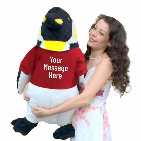 Customizable Red Tshirt Dressed on to American Made Giant Stuffed Penguin 30 Inches 76 cm Big Soft Stuffed Animal Made in USA America