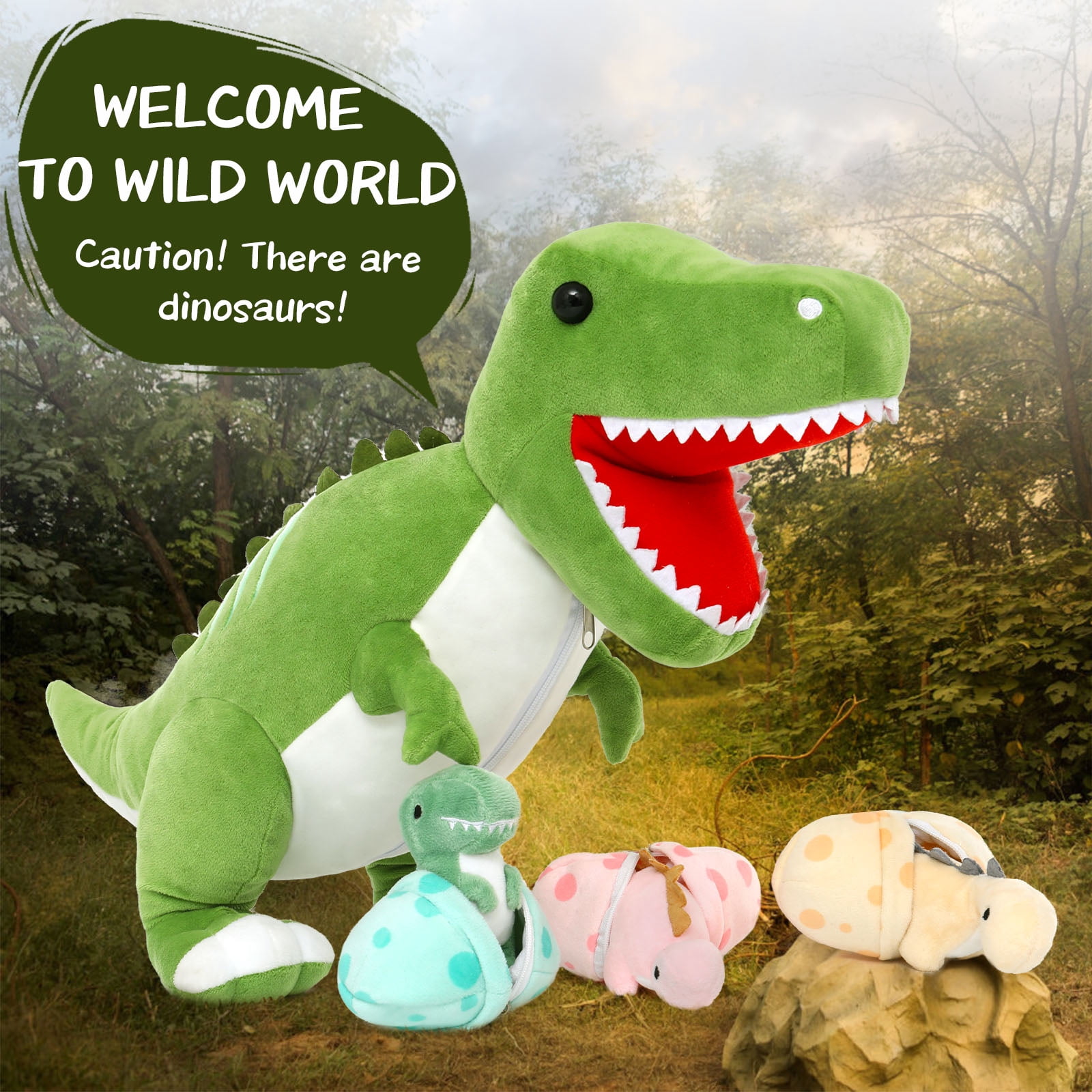 MorisMos 23.6" Green Dinosaur Stuffed Animal Mommy Dinosaur with 3 Baby Plush Toys