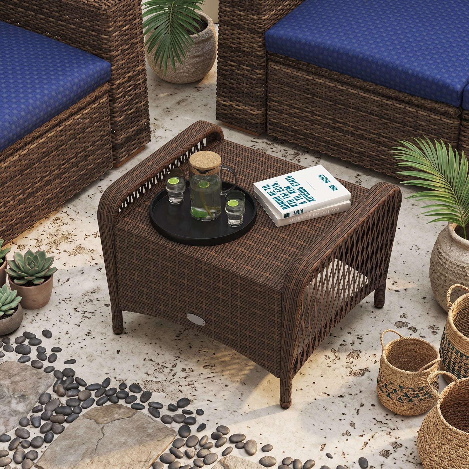 Furnibear Set of 2 Outdoor PE Wicker Patio Ottomans with Removable Cushions for Foot Rest, Extra Seating and Side Table Use, Navy