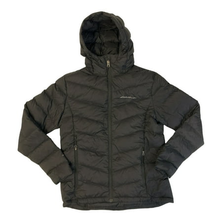 Eddie Bauer Women's Zip Up Microlight Quilted Down Packable Hooded Jacket (Black, S)