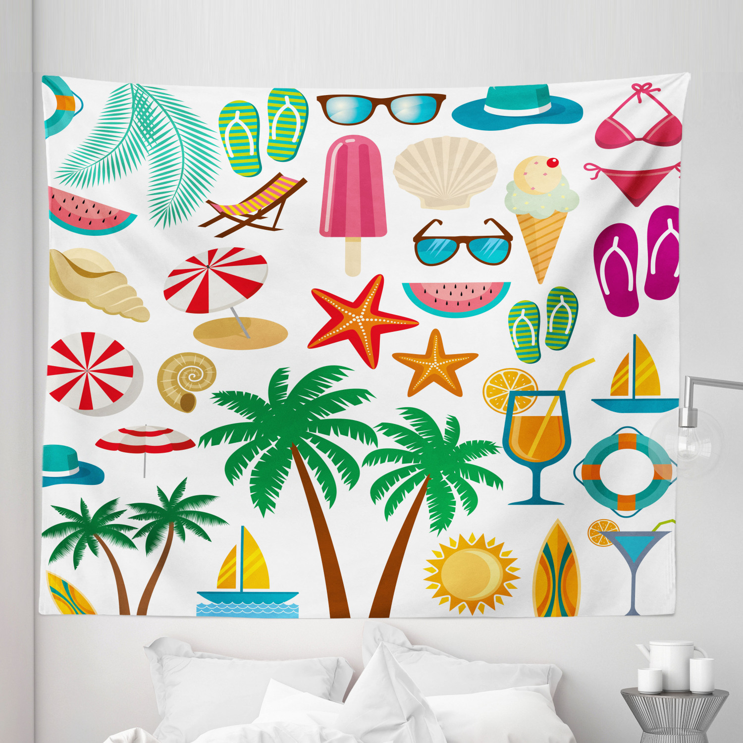 Beach Tapestry, Summer Trees Bikini Glasses Umbrella Starfish