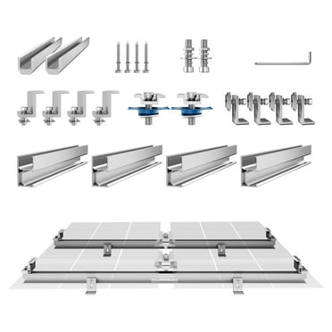 KFFKFF Solar Panel Installation Kit, includes 4 Aluminum Rails (30" each), 4 End Clamps, 2 Mid Clamps, and Mounting Brackets for Various Roof Types including Metal, Concrete, Wood, and Tile