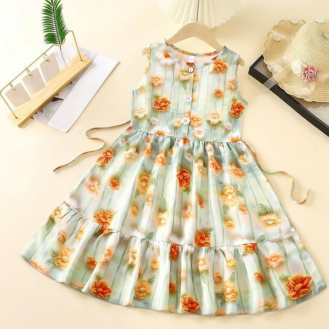 JDQJBZ Robe Bébé Fille Enfant Été Plage Robe d'Été Sans Manches Imprimé Floral Camisole Longueur Genou Robe Décontractée