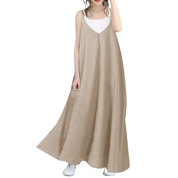 JFHHQ Garden Dress Women's Solid Color V Neck Backless Casual Midi Dress Loose Fit Summer Dress XXL Beige