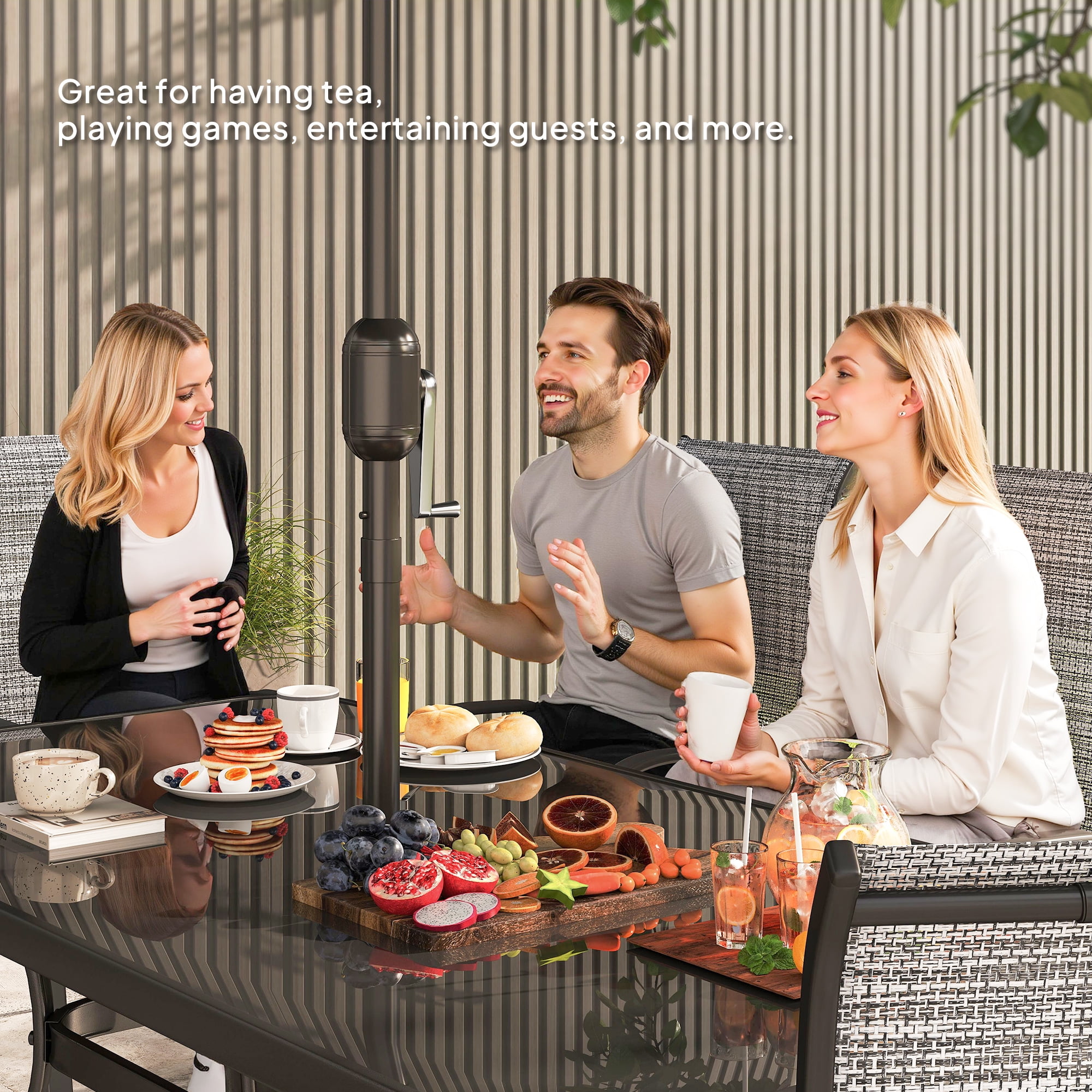 Outsunny 8 Piece Patio Furniture Set with Umbrella, Outdoor Dining Table and Chairs, 6 Chairs, Push Button Tilt and Crank Parasol, Glass Top, Gray