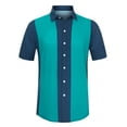 thumbnail image 5 of INSPIRE CHIC Men's Striped Button Down Short Sleeve Hawaiian Color Block Shirts S Navy Green, 5 of 6