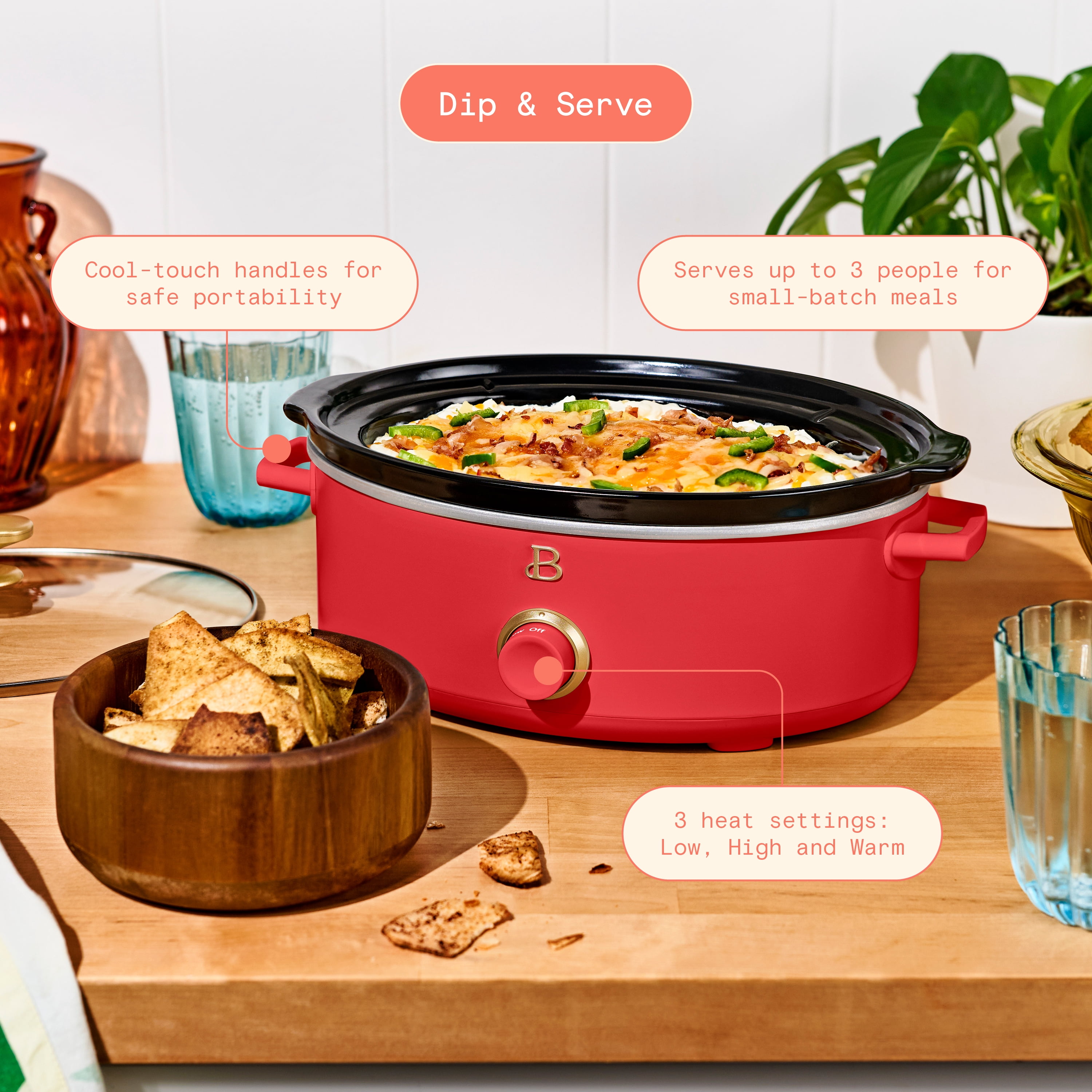 Beautiful 2.5 Qt Dip and Serve Manual Slow Cooker, Tomato Red by Drew Barrymore