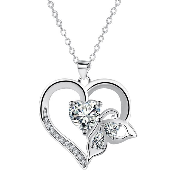 Heart & Butterfly Pendant Necklace with Sparkling Clear Stones, Elegant Jewelry Gift for Her