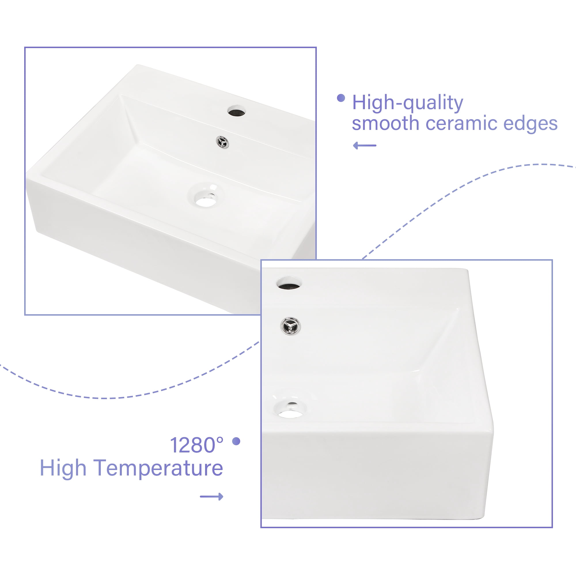 20.8"×16.3"×6" White Ceramic Rectangular Wall-mounted Bathroom Sink with Single Faucet Hole and Overflow Hole