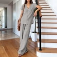 thumbnail image 6 of Women's V Neck Short Sleeve Top & Wide Leg Pants Set, Soft Nylon Spandex Loungewear, Casual 2 Piece Outfit with Stretchy Waist, for Relaxed Days, Work from Home, or | TruBelle,Gray L, 6 of 8