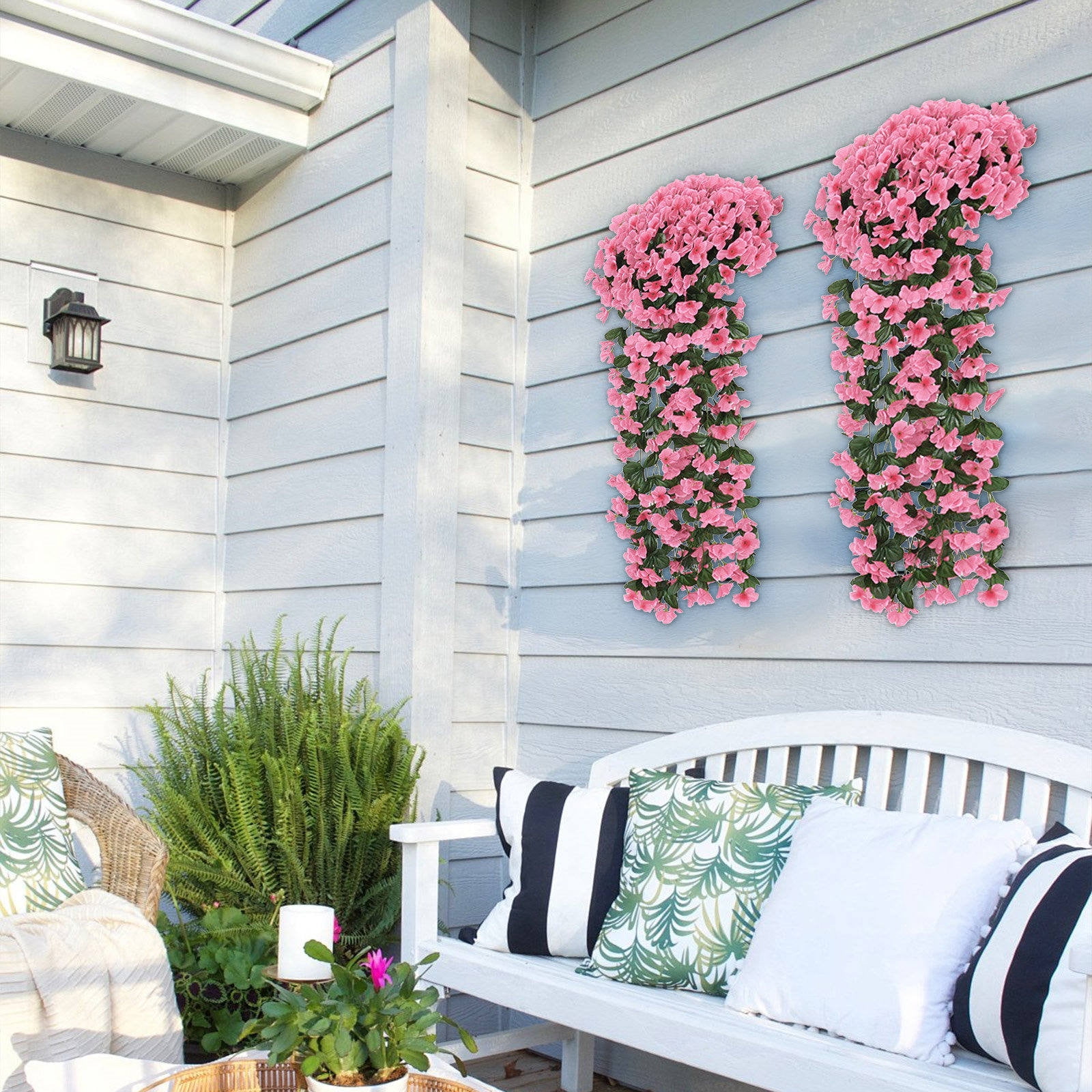 1pcs Artificial Hanging Flowers Outdoor Faux Plants Spring Decor Fake Mums Violets with Eucalyptus Realistic UV Resistant Trailing Vines Porch Yard Indoor Five-petal