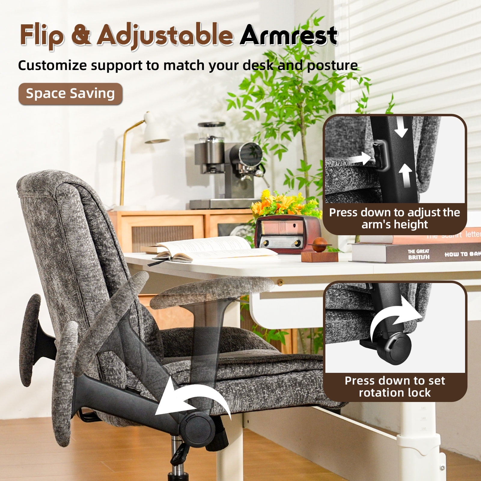 zzw Chenille Home Office Criss Cross Chair with Flip Arms, Lumbar Support and Wheels, Gray