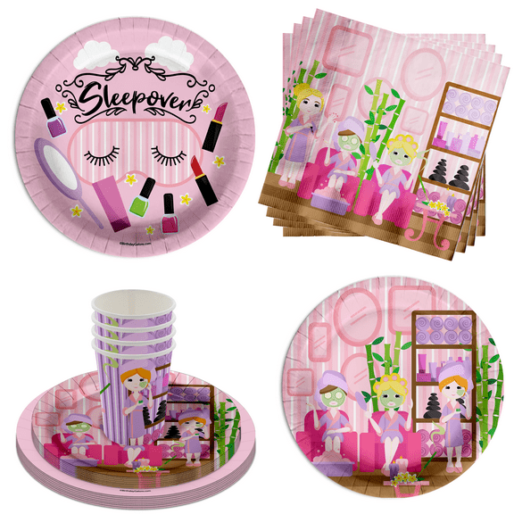 Spa Sleepover Slumber Party Supplies - Spa Birthday Party Supplies - Pajama Party Supplies 64 Piece Tableware Set Includes Large 9" Paper Plates Dessert Plates, Cups and Napkins Kit for 16