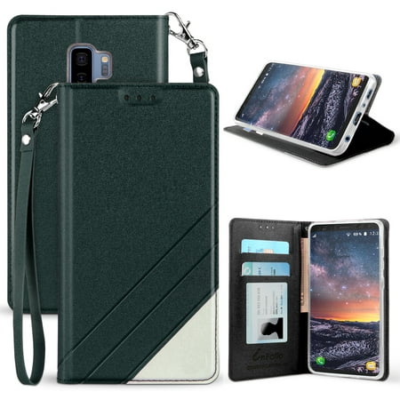 Case for Galaxy S9 Plus, Black Infolio Credit Card Slot Cover, View Stand [with Wrist Strap Lanyard] for Samsung Galaxy S9+ (SM-G965)