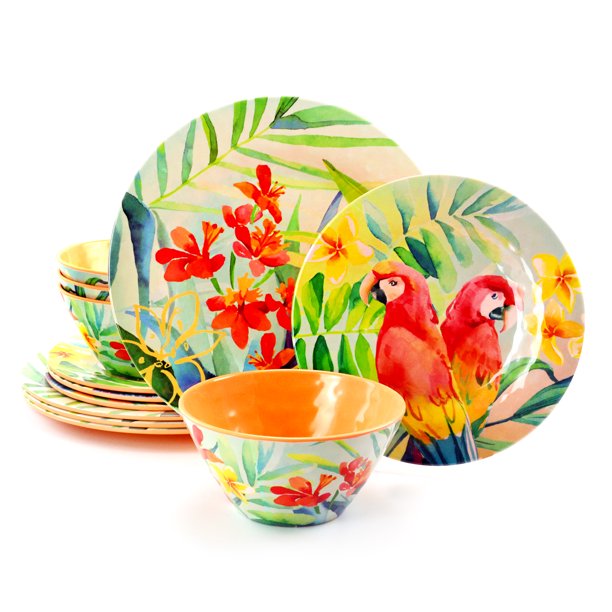 Gibson Home Tropical Parrot 12 Piece Melamine Dinnerware Set Walmart