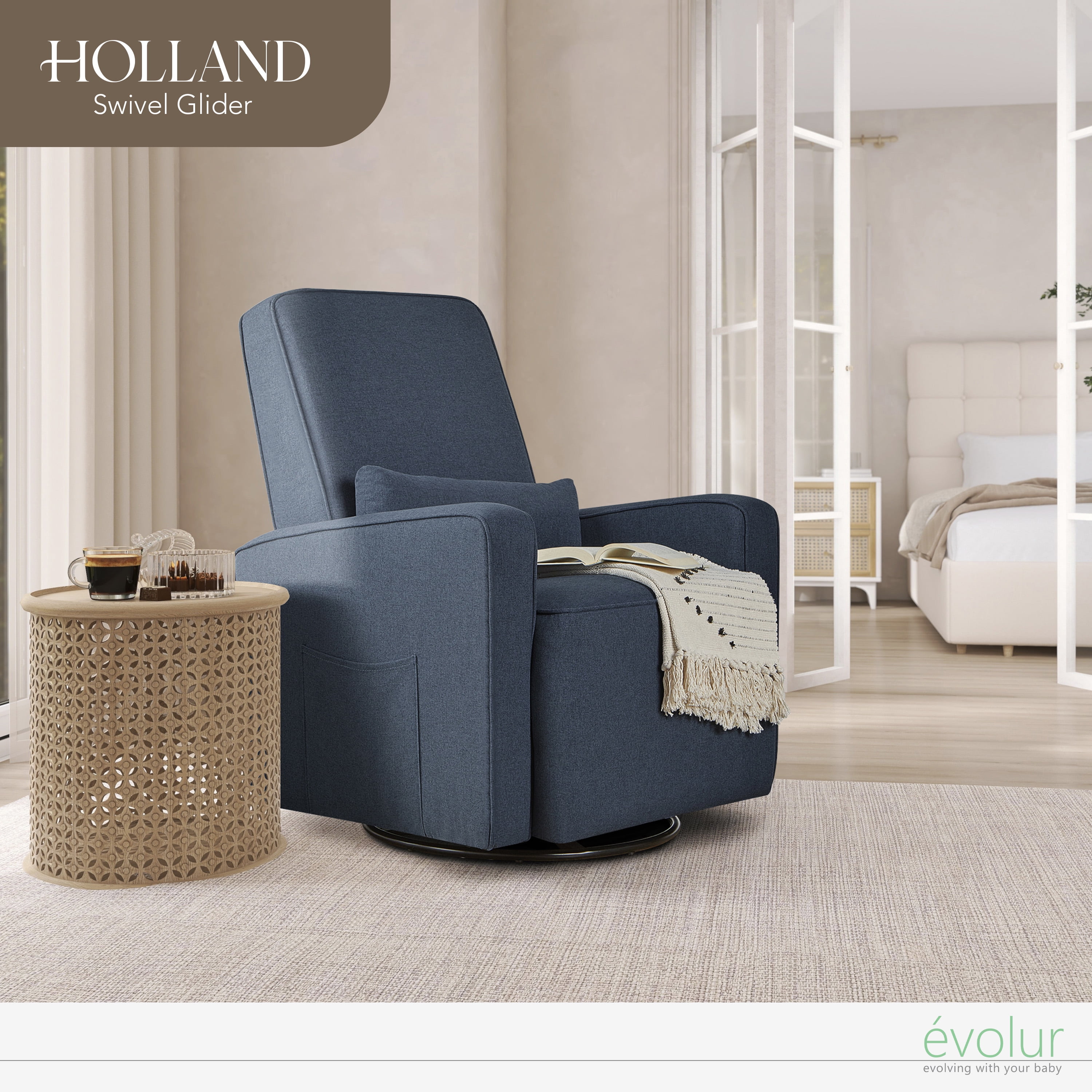 Evolur Holland Upholstered Swivel Glider | Rocker I Included Lumbar Pillow I Modern Design, Navy Blue