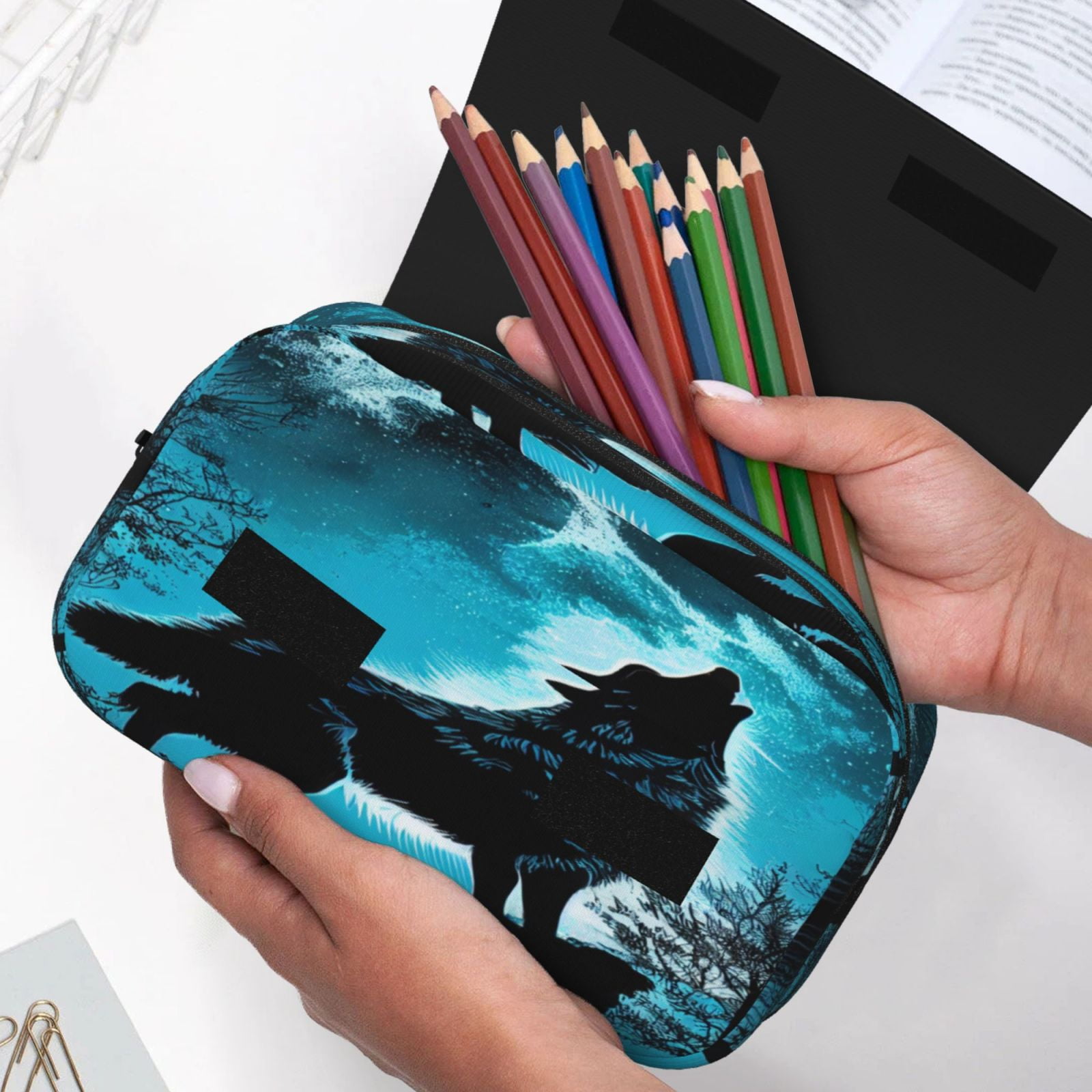 Rateoe Blue Full Moon Wolf Pattern Double Clamshell Pen Case, Storage Organizer with Two Zipper Compartments– Holds Up to 50 Pencils & Pens