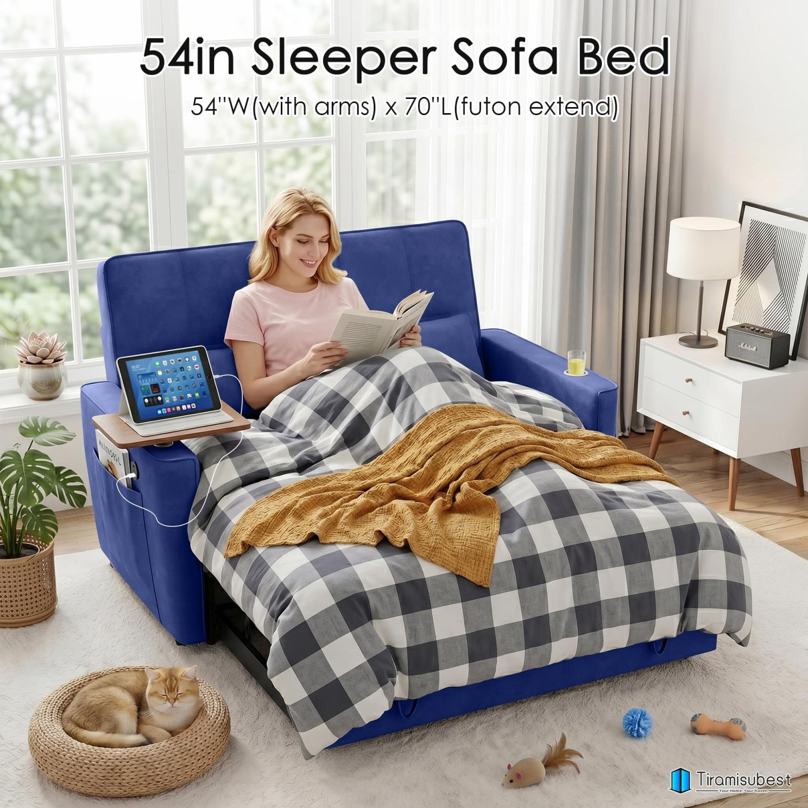 54" Sleeper Sofa Bed, Convertible Pull Out Couch Futon with Side Table, USB Ports, Cup Holder, Adjustable Backrest, Velvet Sofa Bed for Living Room Apartment, Dark Blue